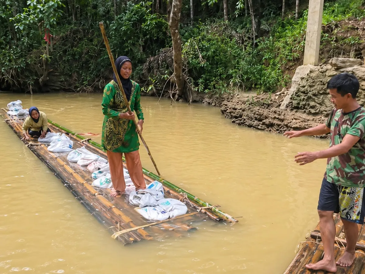 Jembatan Perintis Garuda Sorongan-Cibingbin Pandeglang Masuk Hari ke-30: Gotong Royong TNI dan Warga Angkut Material Lewat Rakit