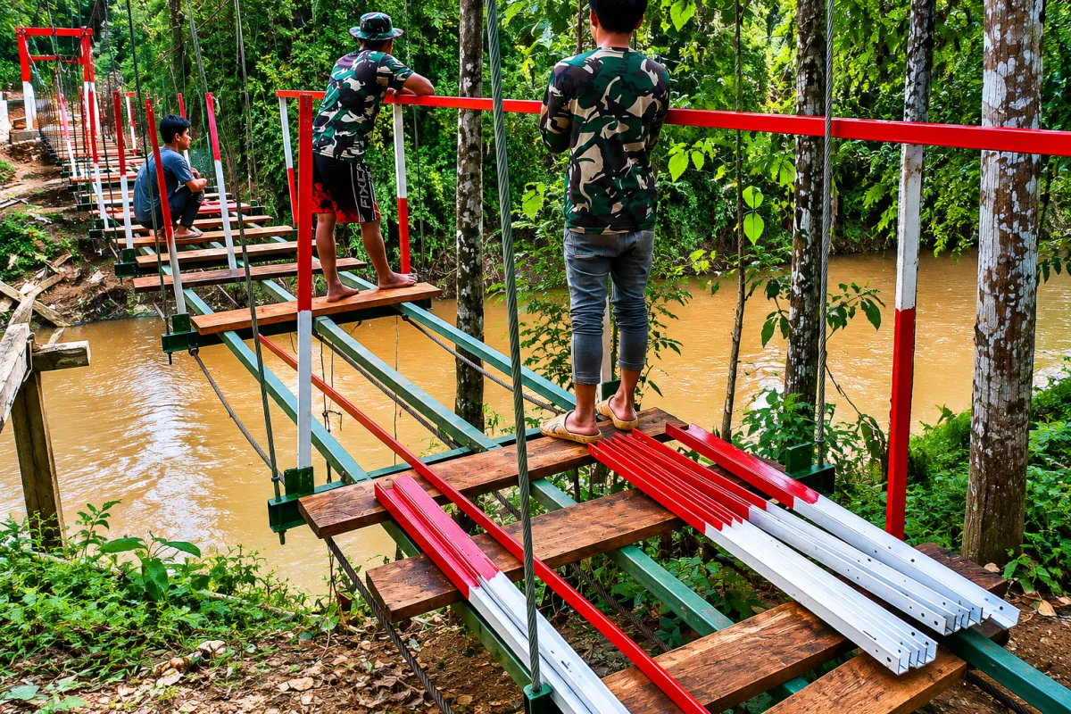 Kodim 0601/Pandeglang Bahu-membahu dengan Warga Bangun Tiga Jembatan Perintis di Pedalaman Banten