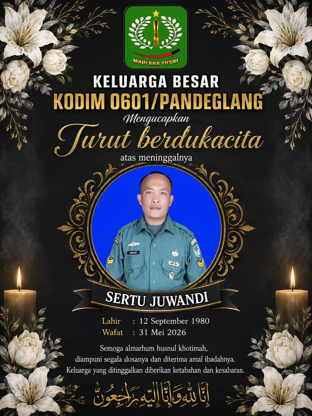 KODIM 0601/PANDEGLANG BERDUKA, SERDA JUWANDI TUTUP USIA