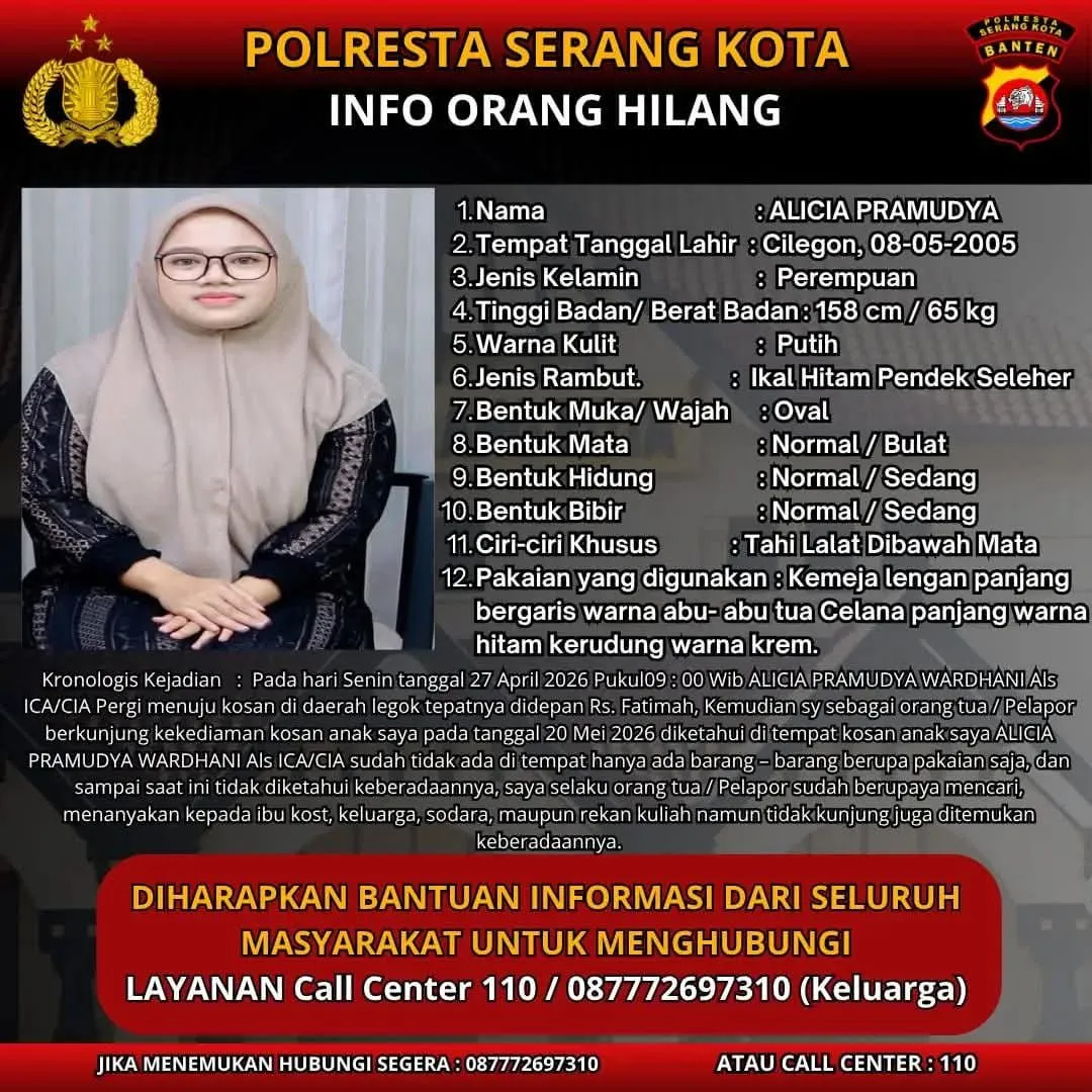 Mahasiswi Asal Cilegon Dilaporkan Hilang Misterius di Serang, Polisi Minta Bantuan Publik