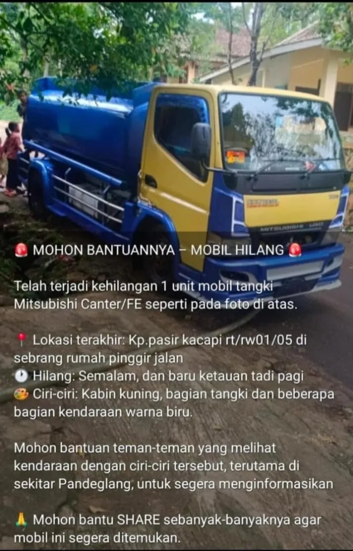 Viral di Medsos, Mobil Tangki Warna Biru-Kuning Raib Dicuri di Pasir Kacapi Pandeglang