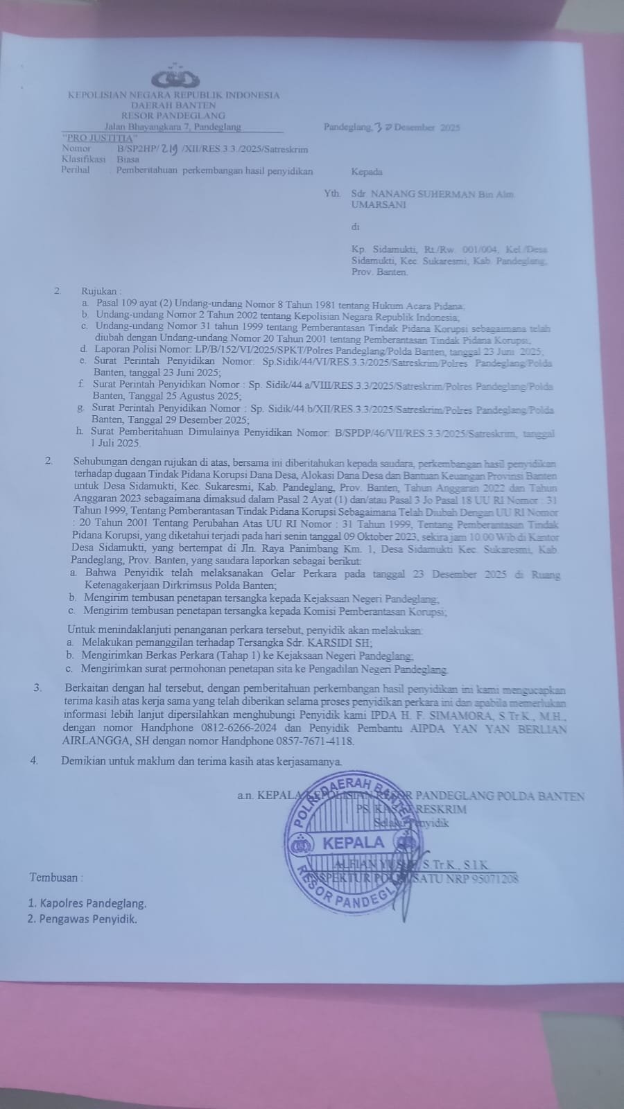 Kades Sidamukti Pandeglang Ditetapkan Tersangka Korupsi Dana Desa Rp500 Juta Tahun 2022-2023