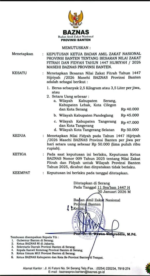 BAZNAS Provinsi Banten Tetapkan Zakat Fitrah 1447 H/2026 M Rp40.000–Rp50.000 per Jiwa, Fidyah Rp50.000