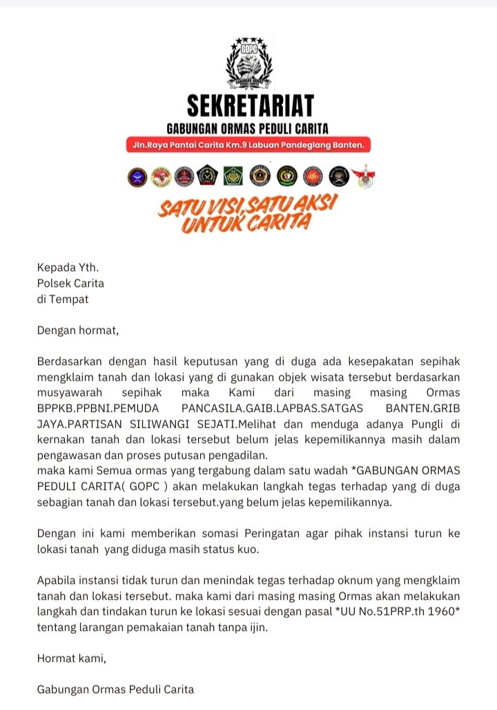 Gabungan Ormas Peduli Carita (GOPC) Somasi Polsek Carita: Tuding Ada Pungli dan Klaim Sepihak atas Tanah Objek Wisata, Ancam Turun Langsung ke Lokasi