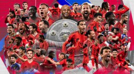 Foto kemenangan FC Bayern Munich bersama seluruh tim, menampilkan momen penuh kebahagiaan dan semangat juang setelah memastikan gelar juara Bundesliga 2024-2025  (Sumber: Bayern Munich)